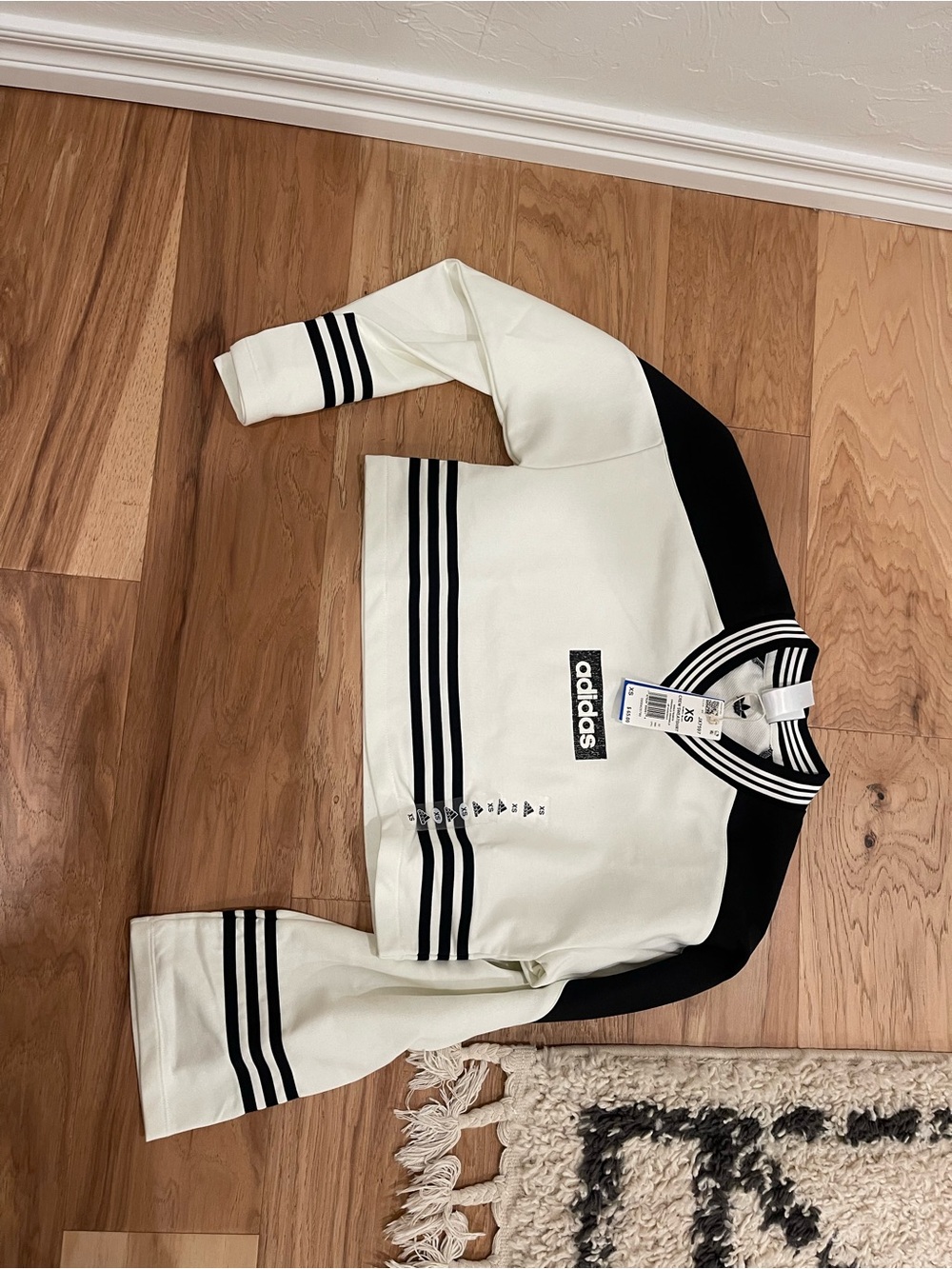 Adidas women’s Cream and Black Striped Crewneck Sweater